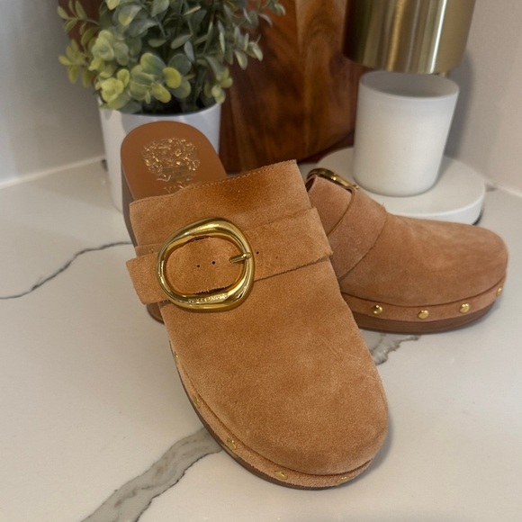 Vince Camuto Tan Suede Mules with Gold Accents - Picture 3 of 5